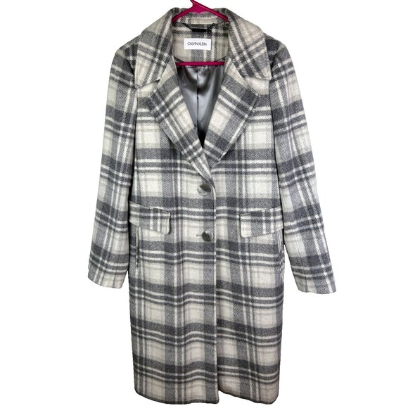 Calvin Klein Walker Plaid Wool Overcoat Single Breasted Pea Coat Gray Cream 10 - Picture 4 of 16